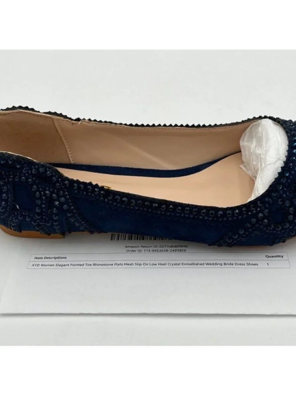 XYD Navy Pointed Toe Rhinestone Flats Mesh Slip On Low Heel Crystal Dress Shoes